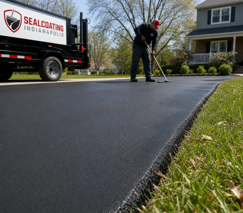 Freshly paved black asphalt driveway in a residential Indianapolis setting with a clear edge line and smooth mat