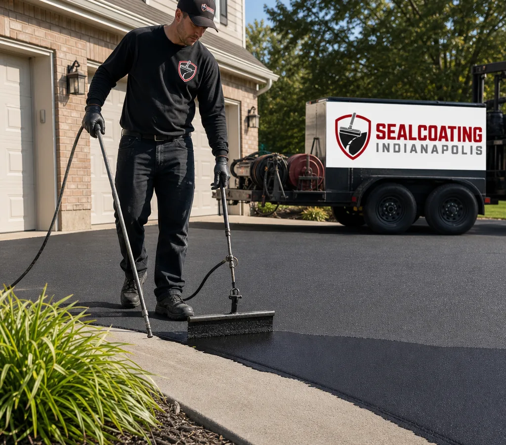 Technician applying asphalt sealer with a spray wand and squeegee on a residential driveway with crisp cut-in lines