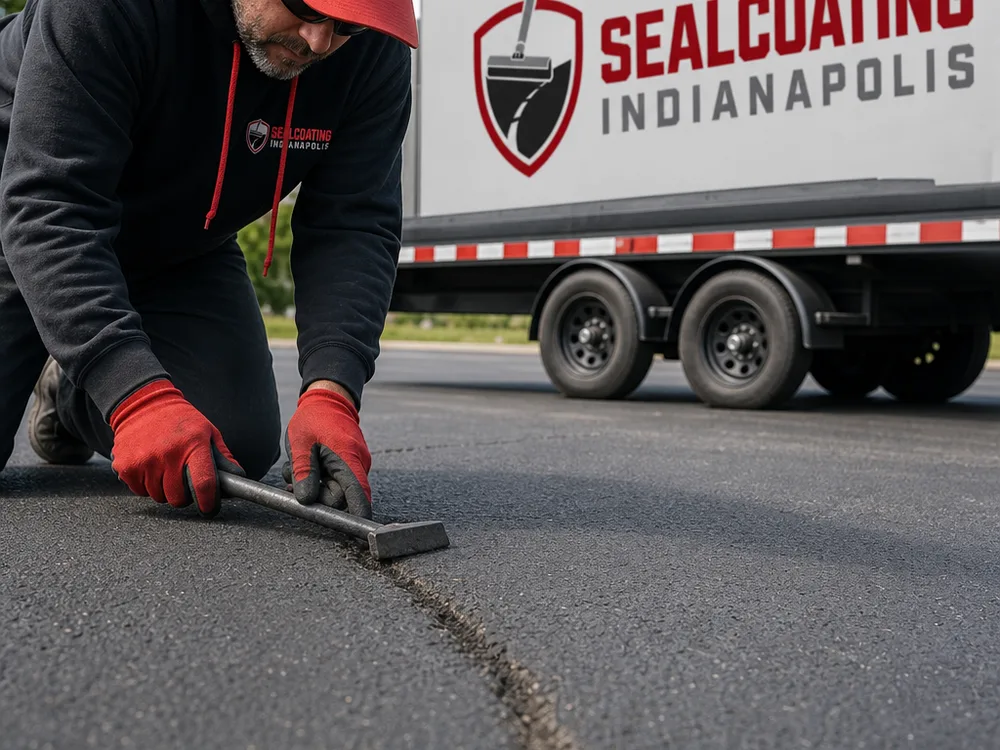 Cleaned, debris-free asphalt and prepared cracks before sealcoat application