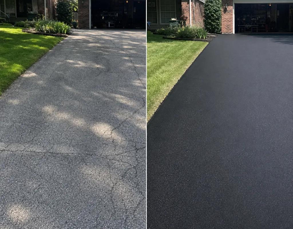 Before and after view of faded residential asphalt restored with a dark sealcoat and clean borders