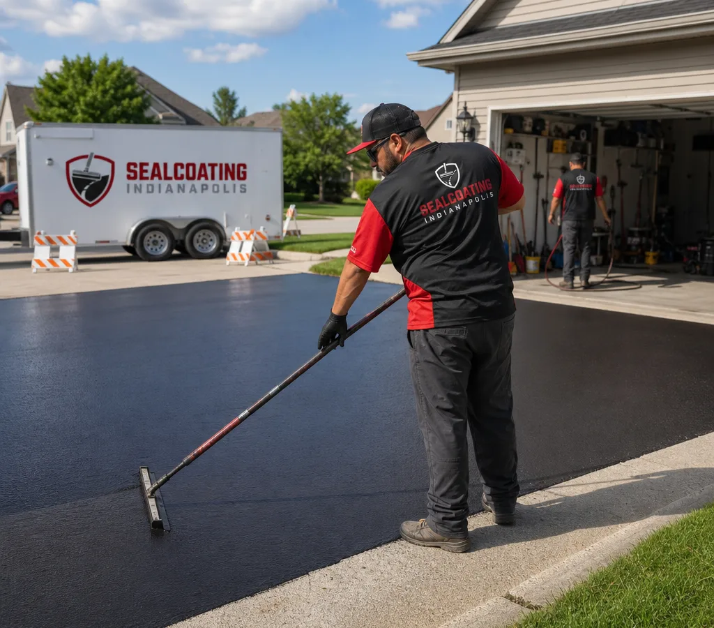 Crew applying an even sealcoat to an Indianapolis residential driveway with clean edges at the garage and concrete apron