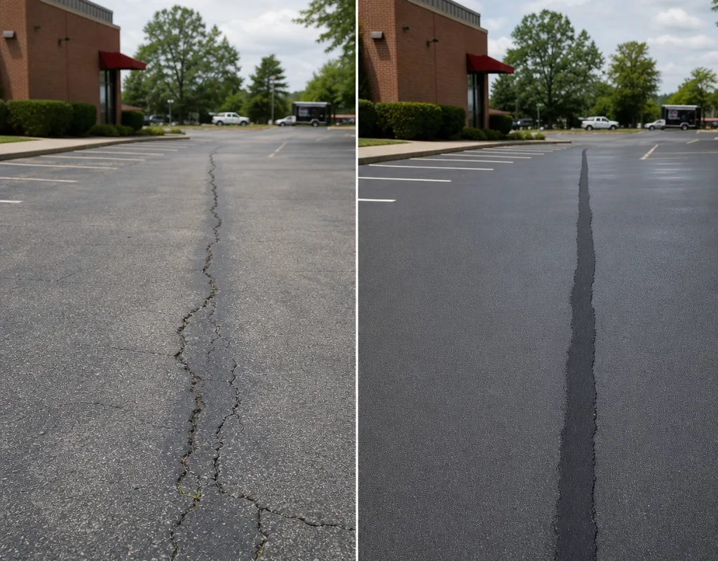 Before and after view of long parking lot wheel-path cracks sealed with a neat controlled application