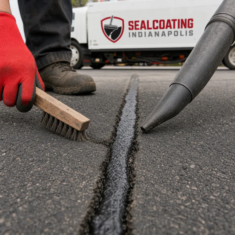 Cleaned asphalt crack with defined edges and a neat band of rubberized sealant beside crack preparation tools