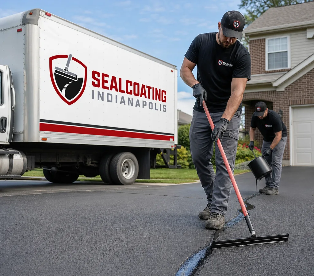 Crew applying hot rubberized crack sealant to cleaned asphalt cracks on an Indianapolis residential driveway