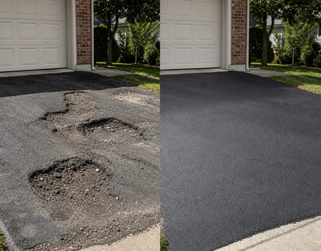 Before and after residential asphalt driveway with potholes and edge breakup repaired with compacted patches