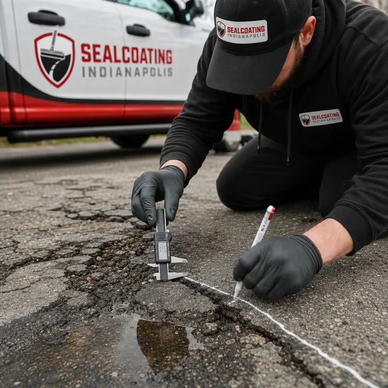 Technician measuring asphalt driveway cracking and marking repair boundaries near a water-stained low spot