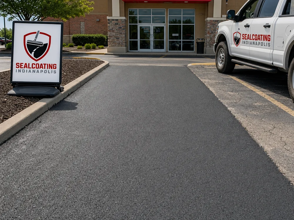Commercial parking lot entrance with a newly installed asphalt patch and clean saw-cut edges