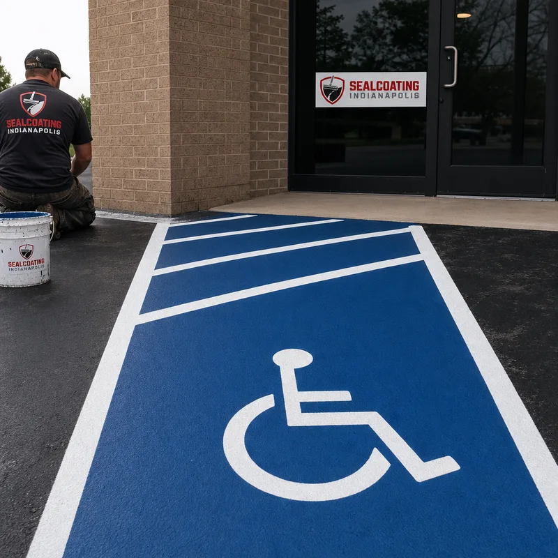 Blue ADA stall with access aisle hatch marks and wheelchair symbol stencil near a building entrance