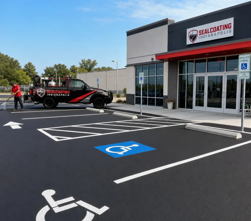 Freshly striped commercial parking lot in Indianapolis with crisp white stall lines, directional arrows, and clearly marked ADA spaces near a storefront entrance