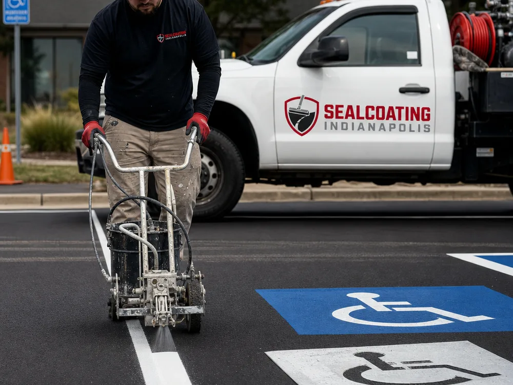 Technician applying parking lot paint with a striping machine beside crisp white and blue ADA markings on clean asphalt