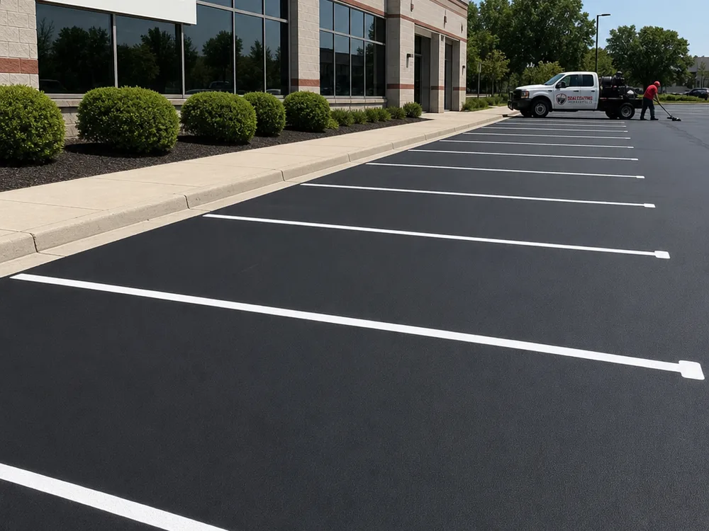 Finished row of parking stall striping with clean end caps and consistent spacing in a commercial lot